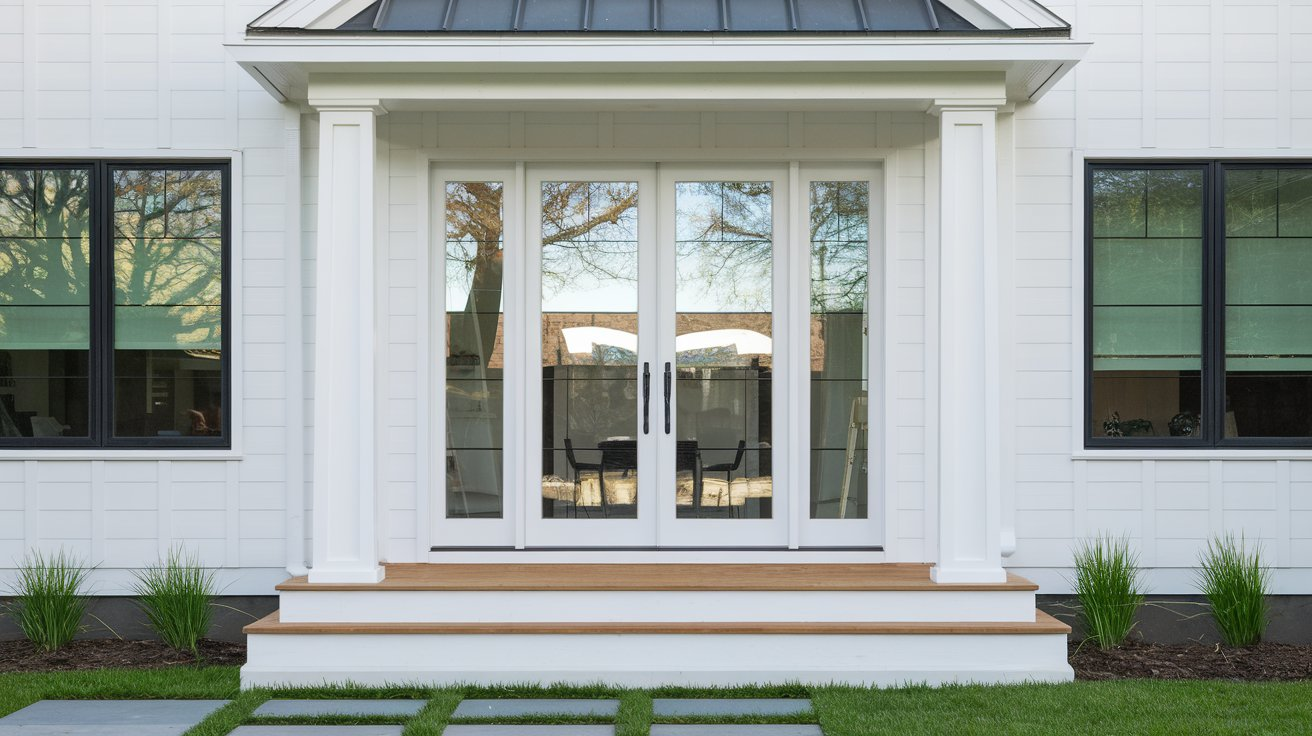 brighton modern fiberglass 3 lite clear glass double door